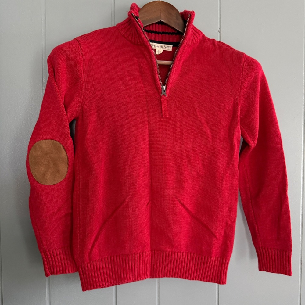 Hope & Henry Kids M Red Quarter Zip Sweater Elbow Patch Organic Cotton Preppy